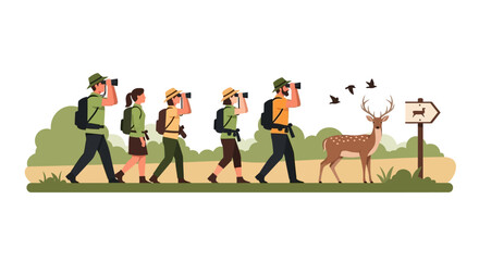 A group of people on a safari adventure walking through a natural landscape with a deer and birds, conveying eco tourism and wildlife conservation.