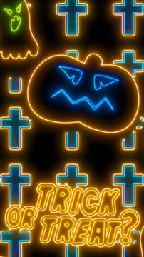 Seamless vertical video of Halloween element with neon effect. Funny background with skulls, bats, pumpkins and crosses with fluorescent effect for parties and events.