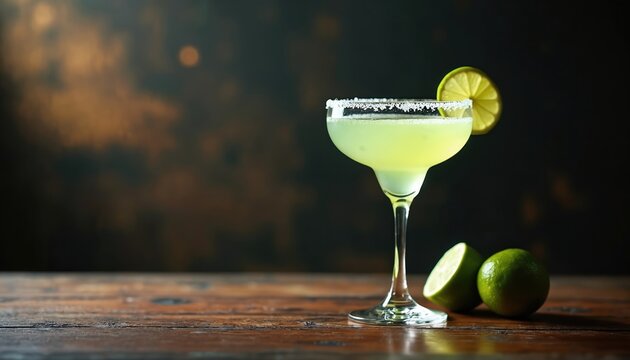 Margarita cocktail served on bar with salted rim and lime garnish. Two fresh limes sit near glass on wooden table. Dark, moody background with bokeh lights.
