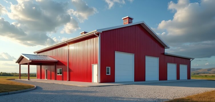 Large red metal barn with multiple garage doors sits on gravel lot. Building has white trim, roof vents, and concrete floor. Rural landscape and cloudy sky form background.
