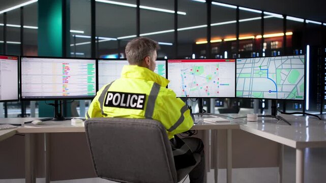 Police Monitoring Center With Officer At Desk