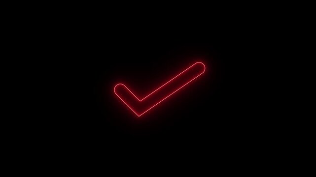 glowing neon red checkmark icon animation with black background,