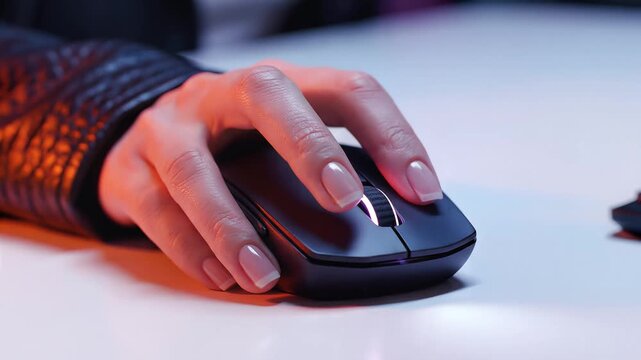 Hand holding a computer mouse on a white desk.