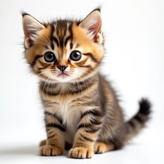 Obraz premium Cute tabby kitten sits on white background. Small cat has big eyes and striped fur. Adorable purebred feline looks directly at camera, innocent and playful.