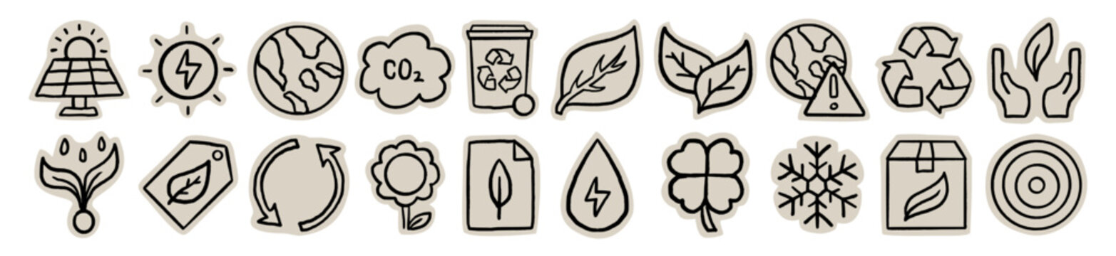 Eco friendly sustainability scrapbook doodle sticker icon: hand drawn green energy, recycling, and renewable nature elements for digital journaling and ecology craft illustration