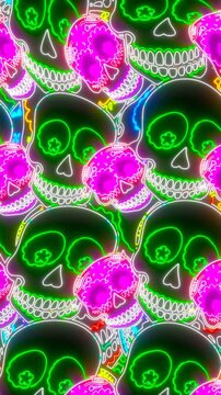 Seamless vertical video of a kaleidoscopic mosaic of mexican skulls with neon glow. Funny Halloween background with fluorescent effect for parties and events.