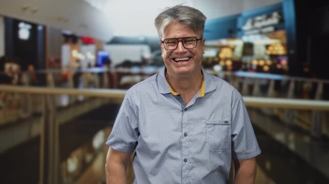 Man smiling with hand extended by airport railing, wearing glasses and short sleeve shirt, laughing openly; joy warmth.