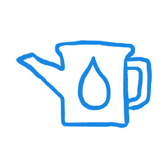 Watering can doodle hand drawn, gardening tool ink sketch, plant care pitcher drawing, water drop symbol, cute blue outline isolated scrapbook graphic element © Ydzv Dsgn