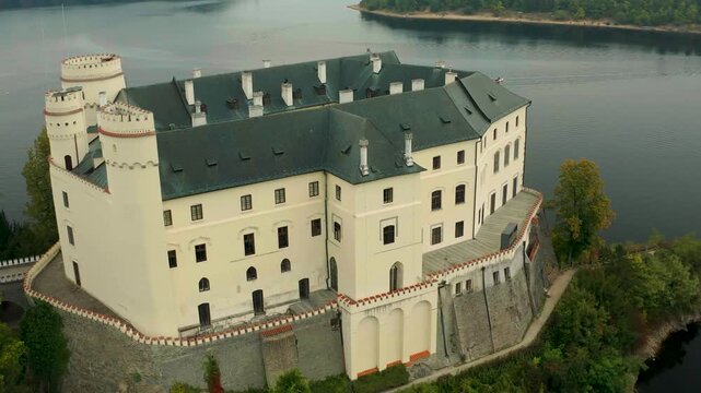 drone flying around the est side the front n the west side of castle orlik during the day main entry door n main garden