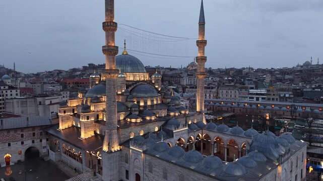 Aerial view of mosques at night during Ramadan, mosques in Istanbul with night lighting and decorative lanterns.