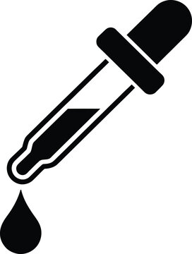 Black and white icon of a medical eye dropper or pipette releasing a single liquid droplet. Vector
