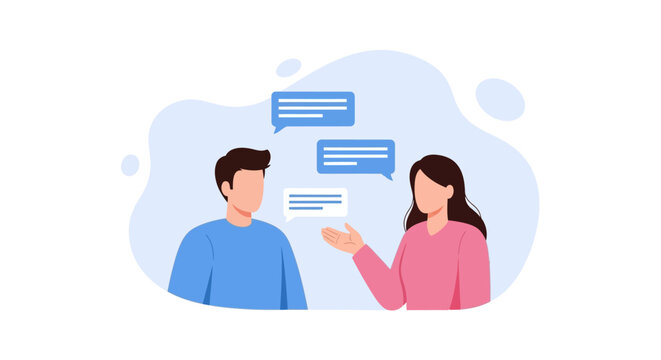 Illustration of a man and woman having a conversation with speech bubbles.
