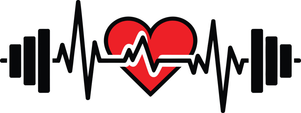 A red heart with an ecg line and dumbbells on either side