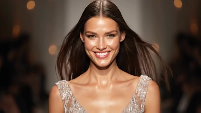 Elegant woman in silver gown on fashion runway. Beautiful model walking in sparkly dress. Catwalk fashion show.