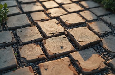 Square log slices form garden pathway with gravel filler. Natural wood pattern visible on cut tree trunk sections. Outdoor ground surface detail.