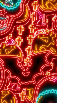 Seamless vertical video of Halloween element with neon effect. Funny background with skulls, bats, pumpkins and crosses with fluorescent effect for parties and events.