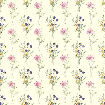 Seamless light green pattern with flowers and leaves, repeating paper, background. Floral backdrop for textile, fabric, wallpaper. Hand drawn flowers and leaf.