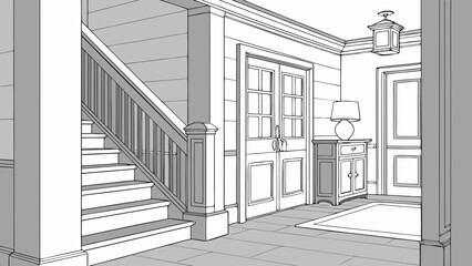 Elegant Interior Design Sketch Staircase and Entryway.