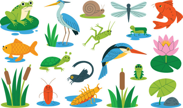 Cute Cartoon Animals Collection: Frog, Heron, Snail, Dragonfly, Fish, Turtle, Kingfisher, Insect, and more in a charming pond setting.
