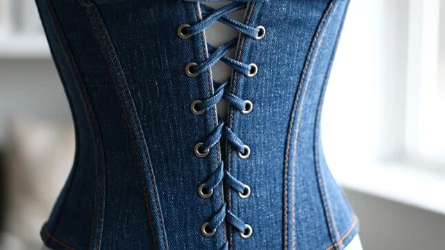 Detail of a blue denim corset with orange stitching and laced closure