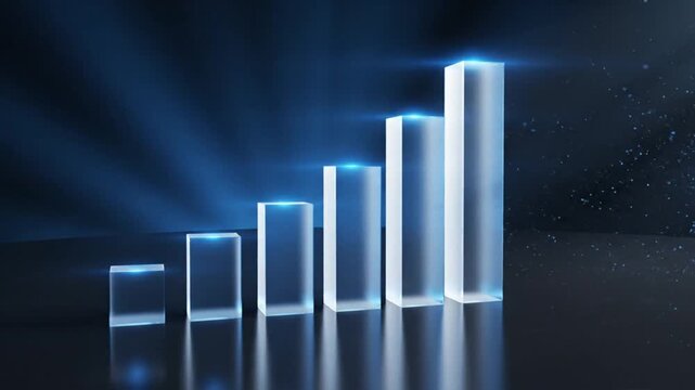 Abstract 3D rendering of a transparent bar graph showing upward growth and positive trends on a dark blue background