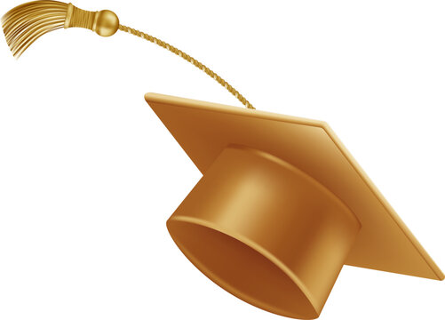Graduates celebration. Flying golden graduate hats with tassels. 3d square academic caps from different angles. Vector illustration isolated on white background.