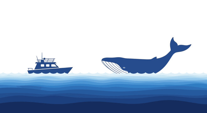 A blue silhouette illustration of a whale and a boat on a gradient blue ocean background with a white space for design or layout purposes