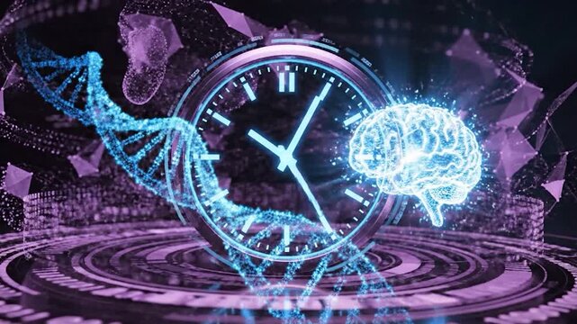 Futuristic visualization of time, genetics, and intelligence in a digital realm.