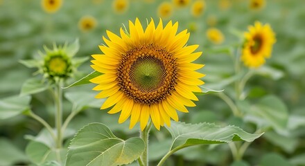 Obraz premium Vibrant sunflower standing tall in a lush green field with blurred background