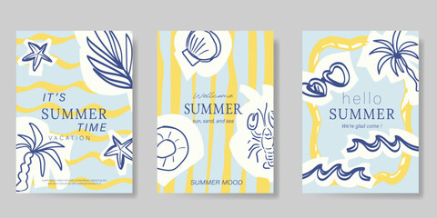 Italy summer party invitation card vector. Italian poster with lemon, leaves, lobster, wine, cheese, tomato, crab, shell in line art. Design for wedding card, greeting card, cover, poster. © babeer