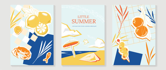 Italy summer party invitation card vector. Italian poster with lemon, leaves, lobster, wine, cheese, tomato, crab, shell in line art. Design for wedding card, greeting card, cover, poster. © babeer