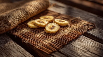 Fototapeta premium Sun-Drying Banana Slices on Rustic Woven Mats Illuminated by Natural Sunlight