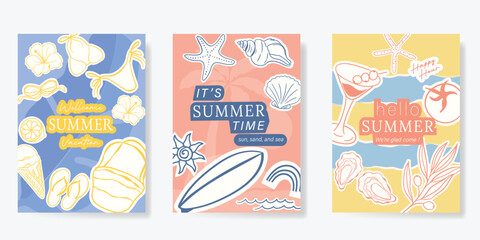 Italy summer party invitation card vector. Italian poster with lemon, leaves, lobster, wine, cheese, tomato, crab, shell in line art. Design for wedding card, greeting card, cover, poster. © babeer