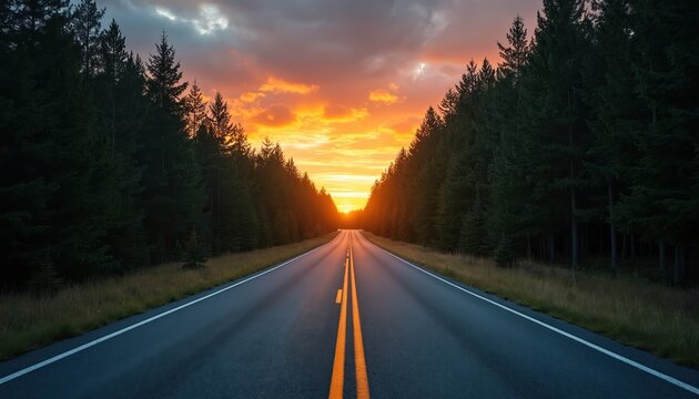 Empty paved road leads through dark pine forest towards bright sunset sky. The asphalt path curves ahead as sun sinks below horizon creating orange glow.