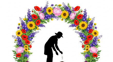 Silhouette of a gardener tending to plants under a vibrant floral archway symbolizing growth and natures beauty for spring or summer themes