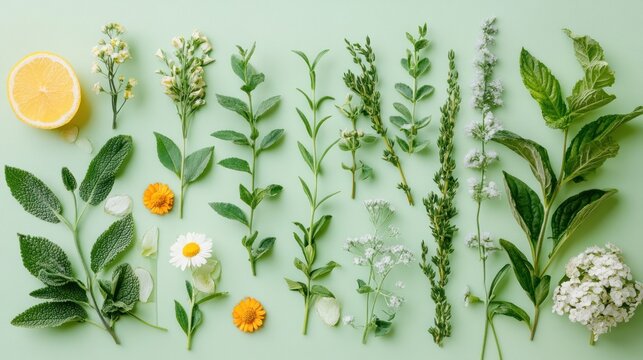 Botanical Flat Lay with Various Green Herbs, White Flowers, and Lemon Slice