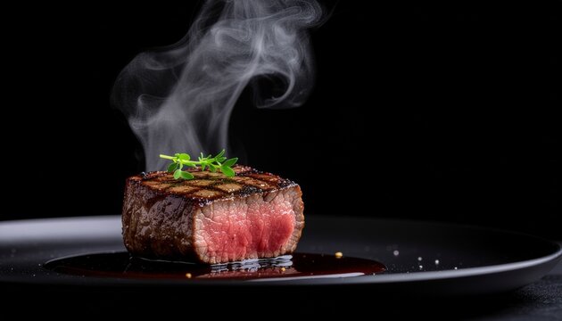 Grilled steak with herbs on a black plate with smoke rising