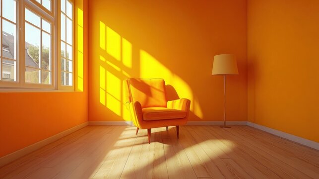 Vibrant Orange Room Interior with Sunlit Window and Comfortable Armchair