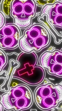 Seamless vertical video of a kaleidoscopic mosaic of mexican skulls with neon glow. Funny Halloween background with fluorescent effect for parties and events.