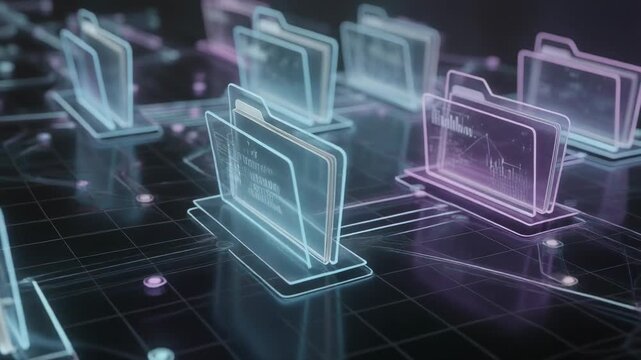 Digital futuristic data folders network visualization with glowing neon connections for technology concept