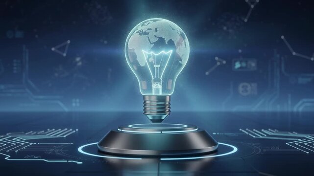 Futuristic glowing light bulb with globe design floating above digital platform technology concept