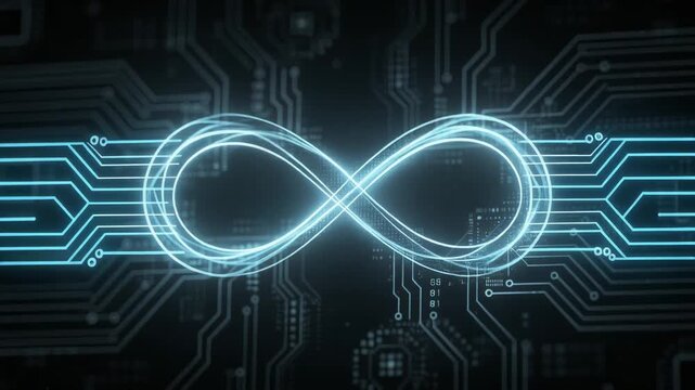 Glowing infinity symbol with futuristic digital circuit board background technology concept