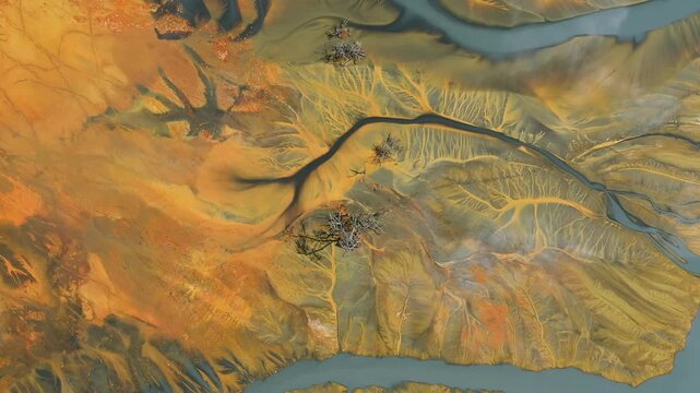  Aerial view of AMD acid mine drainage polluted waters. Natural pattern. Environmental pollution