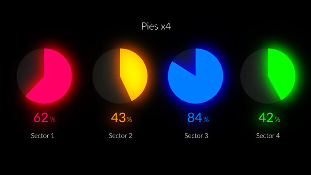 HUD Neon Infographics Pies x4 &ndash; Futuristic Sci Fi Data Interface, Glowing Digital Dashboard Elements, Cyberpunk Analytics Charts, Tech UI Visualization Pack