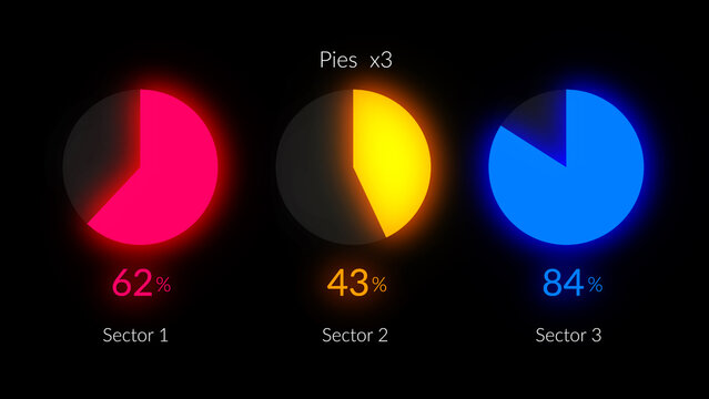 HUD Neon Infographics Pies x3 &ndash; Futuristic Sci Fi Data Interface, Glowing Digital Dashboard Elements, Cyberpunk Analytics Charts, Tech UI Visualization Pack