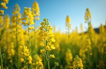 Obraz premium Field of bright yellow rapeseed flowers bloom under a clear blue sky. Tall green stalks rise from fertile ground. This crop yields oil for food and fuel.