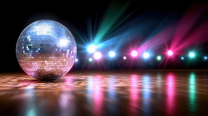 Shiny disco ball on nightclub dance floor with colorful stage lights and reflections, symbolizing disco, party atmosphere, music and nightlife. Horizontal banner with copy space