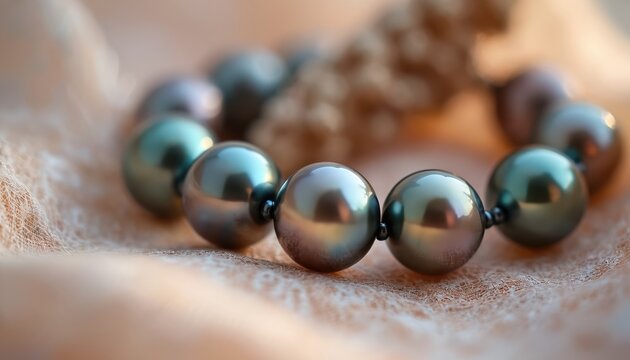 Cluster of seven Tahitian pearls arranged on soft textured fabric. Black, grey, and green iridescent gems show lustrous sheen. Each sphere reflects light creating beautiful highlights and shadows.