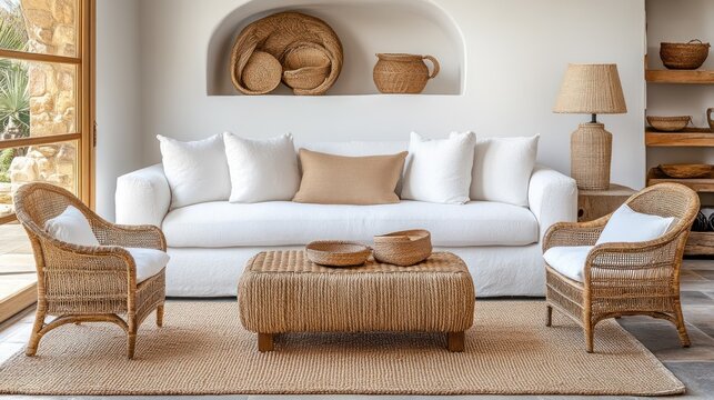 Cozy Neutral Living Room with Rattan Furniture and Natural Decor
