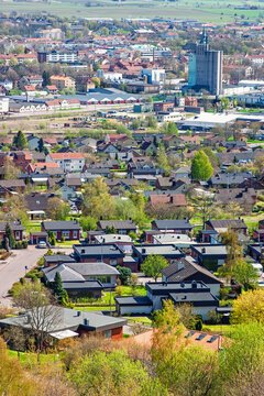 Aerial view of a small Swedish town in spring